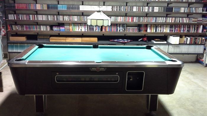 Genuine Slate Playfield Pool Table by Valley Mfg. In Saginaw, Michigan....coin table, balls, rack of pool sticks, cues, chalk....and keys.  Tiffany pool lamp with chain