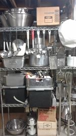 Commercial cookware, mixing bowls, coffee maker, cooking utensils, heat lamps, hamburger press, pots, pans commercial blender with extra tins...and a very cool white pizza hat....much more