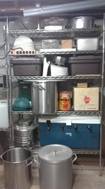Commercial cookware, serving dishes, cooler, large pots, lids, strainers, chafing dishes and new stainless lids in boxes, aluminum cold beverage server...much more...almost new....excellent condition