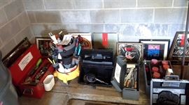 Craftsman tool box, Electrician Toolkit, Craftsman sander, Vintage Craftsman toolbox, cable & internet hardware box, mirrored beer signs, vices, wood tool box