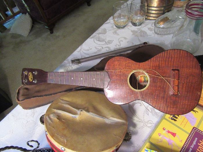 Glee Club vintage banjo with case.  Tamborine!