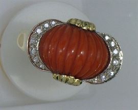 Tiffany, 18K yellow gold diamond and coral ring