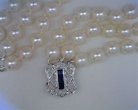 3 strand pearl bracelet with sapphire and diamond 14K clasp and spacers