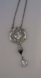 14K white gold antique diamond pendant and chain, triangular cut sapphire, .20 ct center diamond, .10 ct drop C. 1910