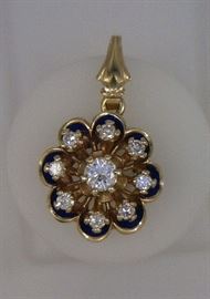 14K yellow gold blue enamel and diamond cluster pendant