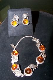 Sterling and amber bracelet and earrings