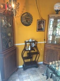 Vintage Federal Revival Corner Cabinets and Chinese Style Curio shelf