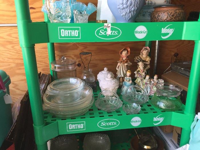 Figurines, glassware, statues, and milk glass. Prices vary.