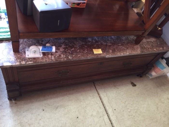 Marble top bench with drawer. Marble is cracked but when pushed together can hardly see it.