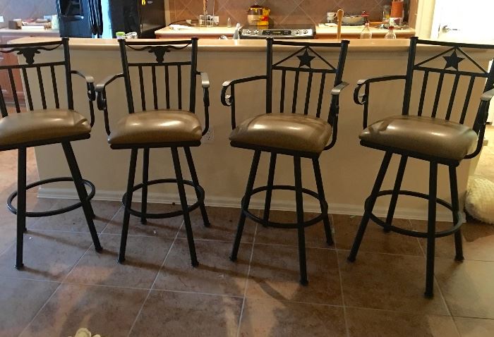 SET OF FOUR IRON AND LEATHER BAR STOOLS