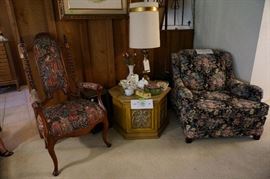 Antique twisted barley chair on left   Right one has matching ottoman