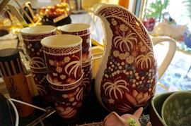 Lei Lani pitcher and 6 tumblers....Lei Lani  Aloha by Don Blanding, Vernon Kilns