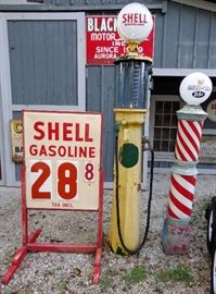 OLD SHELL OIL VISIBLE GAS PUMP, SHELL STEEL EMBOSSED GAS PRICE SIGN, 