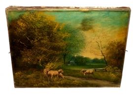 OLD CANVAS PASTORAL SCENE 