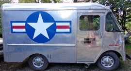 COOL WWII BOMBER THEME WHITE FREIGHTLINER STEP VAN WITH SEXY NOSE ART AND AN AIRPLANE PROPELLER FOR THE FRONT BUMPER