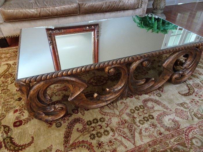 50" X 27" Guilded Scroll Mirrored Coffee Table 
