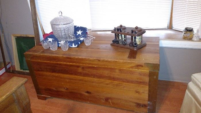 Cedar chest, pipes & stand, crystal punch set with top, ladle, and 12 cups