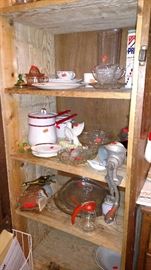 Kitchen items, enamelware, grinder, corning lids,etc