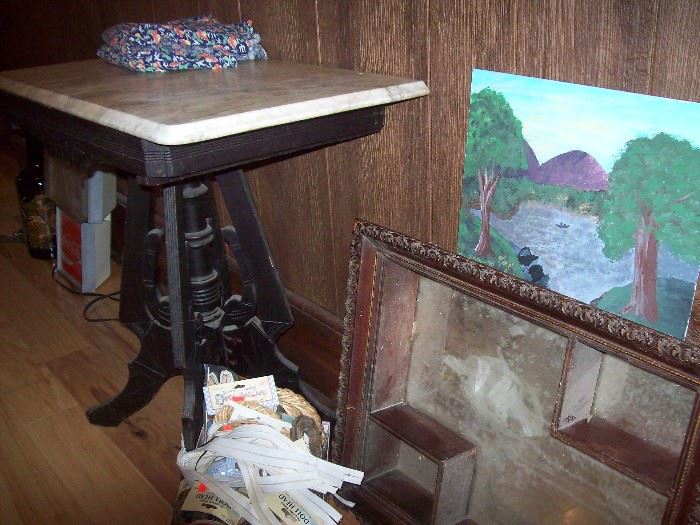 marble top table, craft items, shelf mirror, painting