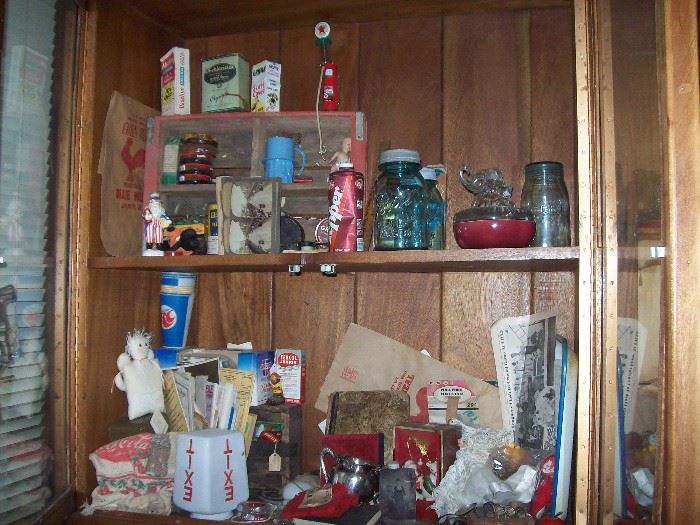 Hand made walnut cabinet, with #13 ball blue jars, McCoy elephant dresser piece, lenox santa, drugstore boxes, Lafayette corn meal bag, coca cola towel