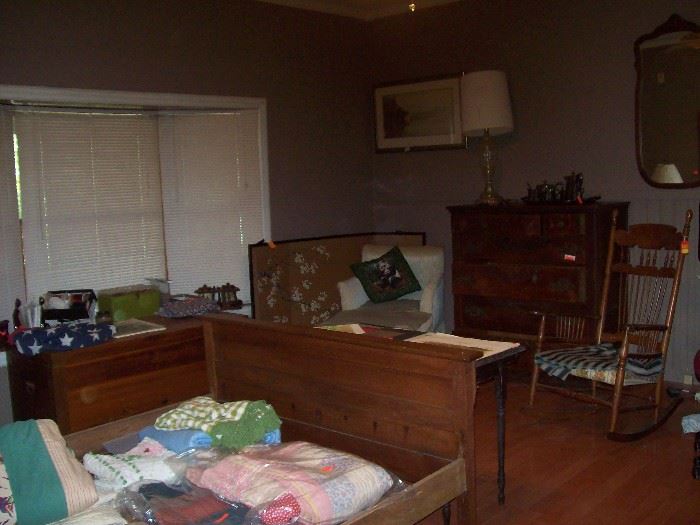 folding sewing table, sewing box, Arnold McDowell and Ben Hampton prints, included in room view