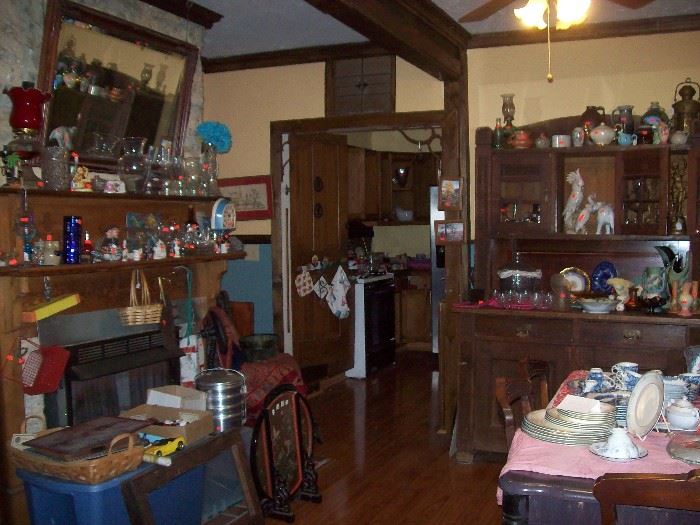 primitive cabinet, mirror, glassware, plus more in room view