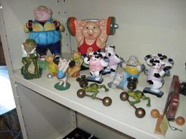 Weight lifting related salt and pepper shakers , candlesticks , piggy banks and more !