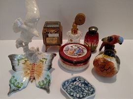 Collection of porcelains including Heutchenreuther bird, crystal perfume bottle, etc