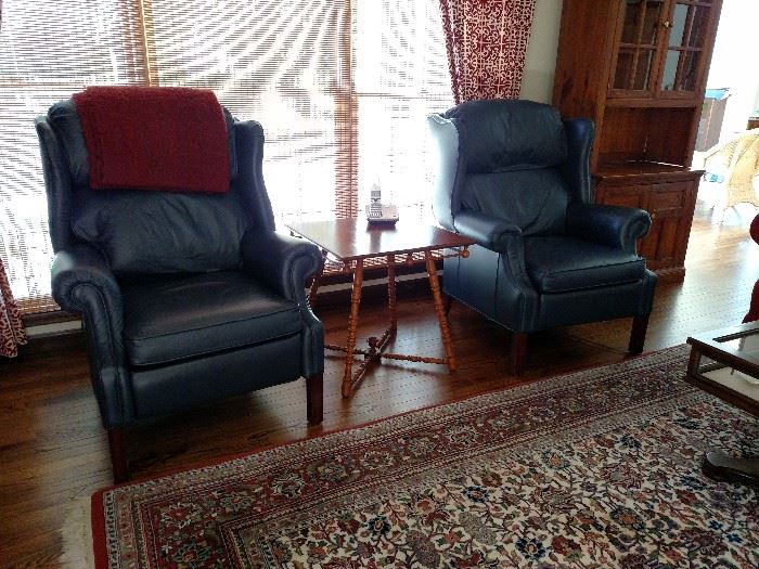 Pair of blue leather Barcalounger recliners
