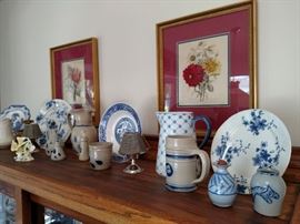 Williamsburg Pottery pieces and a pair of framed Bontanicals