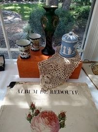Art glass vase, Wedgwood box, Chinese porcelain cups, antique crocheted collar and a book of botanical prints