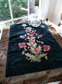 Antique crewel work on velvet wall hanging