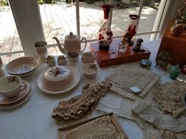 China breakfast set, antique linens and ruby glass vases