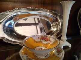 English porcelain sauce bowl and underplate with Lenox bud vase and silverplate serving tray