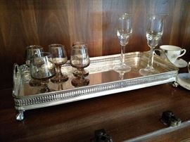 Silverplate footed tray with glassware