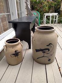 Painted garden bench and blue and white crocks