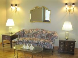 Sofa. Coffee & End tables. Frederick Cooper Lamps. Mirror.