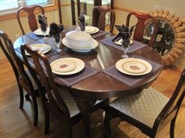 Queen Anne style dining table with 6 chairs and extra leaves. Richard Ginori Tureen with under-plate. Royal Doulton crystal goblets.Faberge Plates.