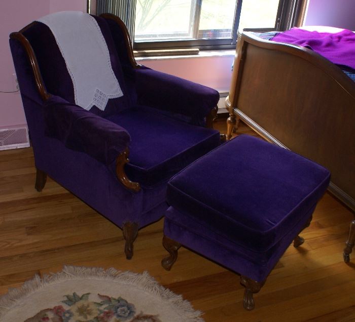 C.1930's Purple Mohair Chair w/Ottoman Matches Antique Bedroom Set 