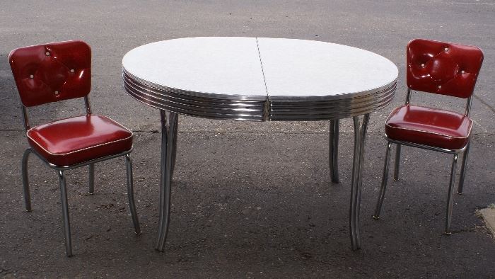C.1940's Retro Dining Table with 2 Red Chairs 