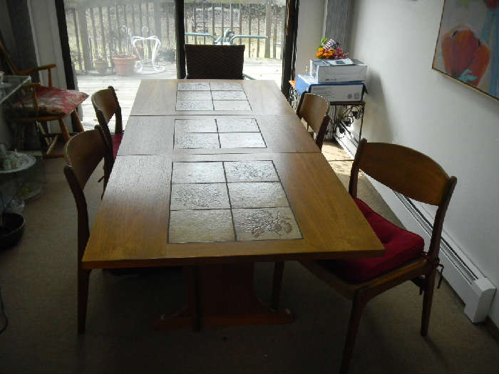 VINTAGE DANISH MODERN DINING TABLE WITH INSET TILES AND SIX ROPE CHAIRS.
