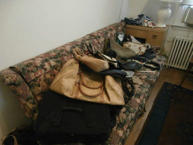 Couch loaded with pocketbooks and accessories.