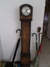 Walking sticks, Umbrellas, Home Crafted grandmother clock ( not working)