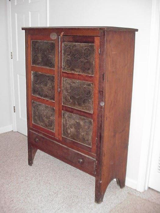 19th C. Pie Safe with six tins on doors and shelf below
