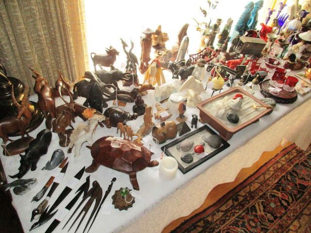Collection of Carved Wood Animals, Asian, Cast Iron Toys & Amish Figures