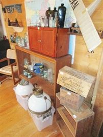 Victorian Hanging Lamps, Food Wood Crates, Old Bottles, etc