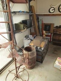 Great Rusted Planter Staircase, Old Wood Barrel, Old Trunks, Projector, etc