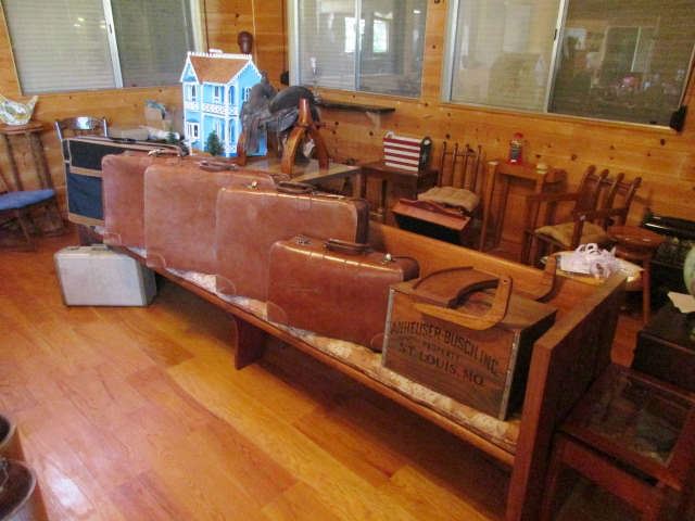 Vintage set of luggage, Oak Bench, Doll house w/ furniture, etc