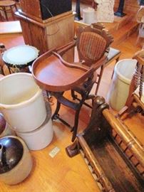 Victorian Walnut High Chair, Crocks, etc.
