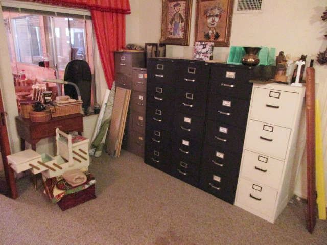 Metal File Cabinets, Sewing Machine and supplies